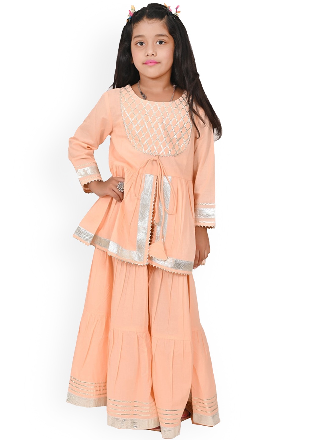 

BAESD Girls Gotta Patti Detail A-Line Kurta with Sharara, Peach