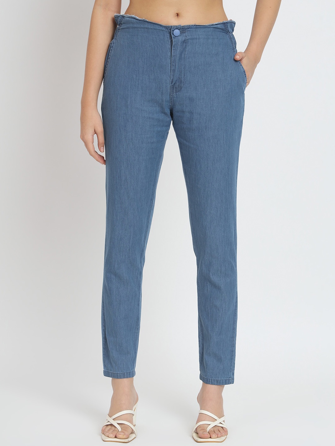 

AngelFab Women Slim Fit Cotton Denim High-Rise Trousers, Blue