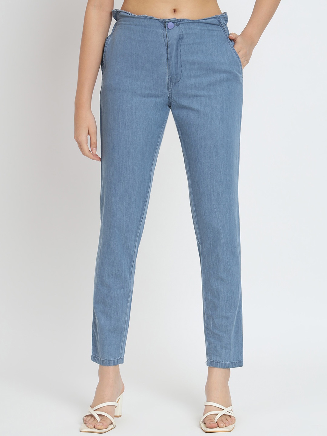 

AngelFab Women Slim Fit Cotton Denim High-Rise Trousers, Blue