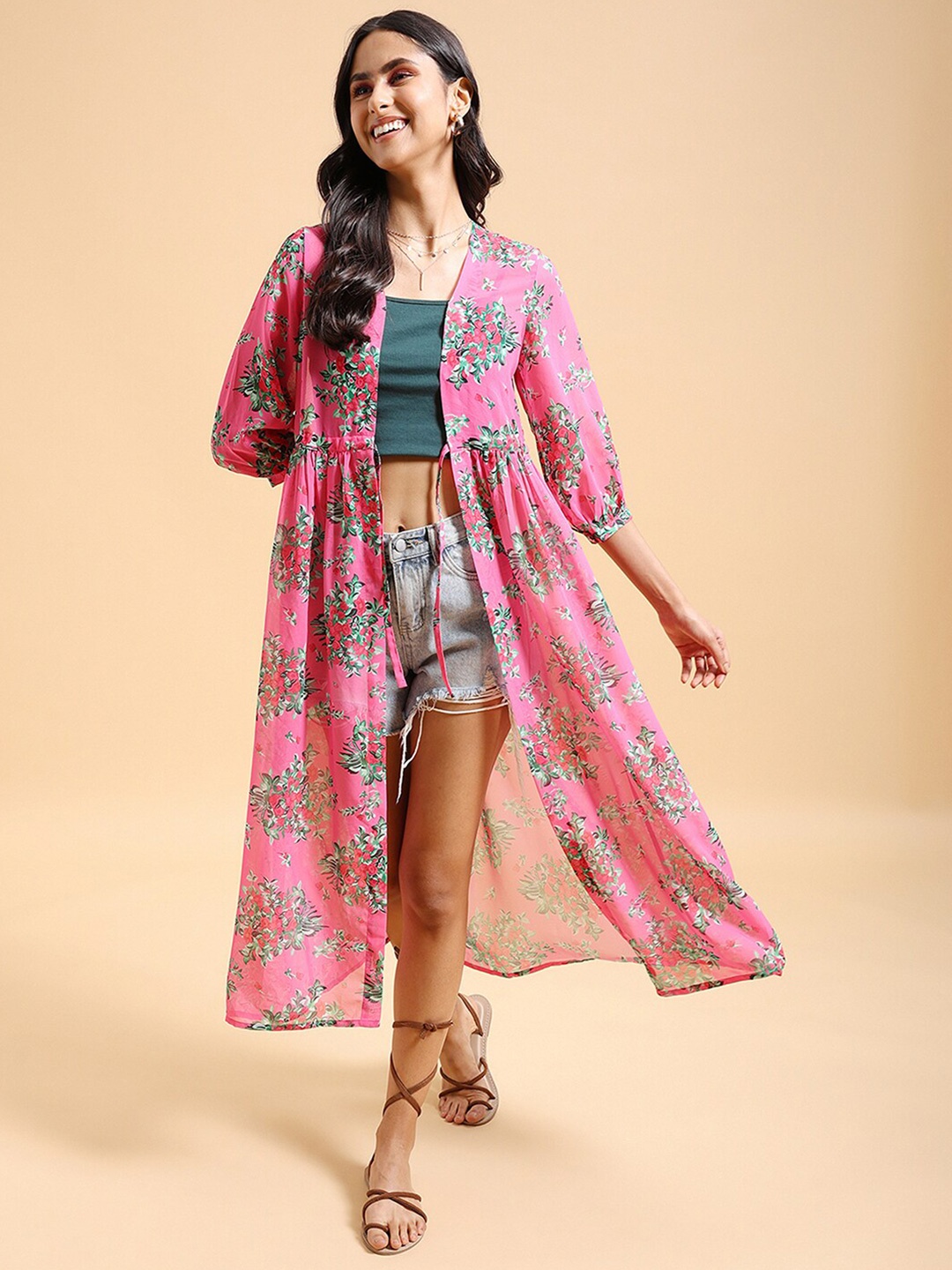 

KETCH Floral Printed Longline Open Front Shrug, Pink