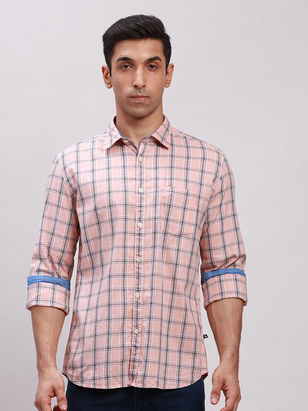 

Parx Tartan Checks Spread Collar Long Sleeve Slim Fit Cotton Casual Shirt, Orange