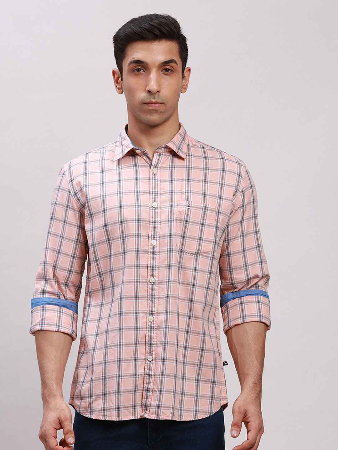 

Parx Tartan Checks Spread Collar Long Sleeve Slim Fit Cotton Casual Shirt, Orange