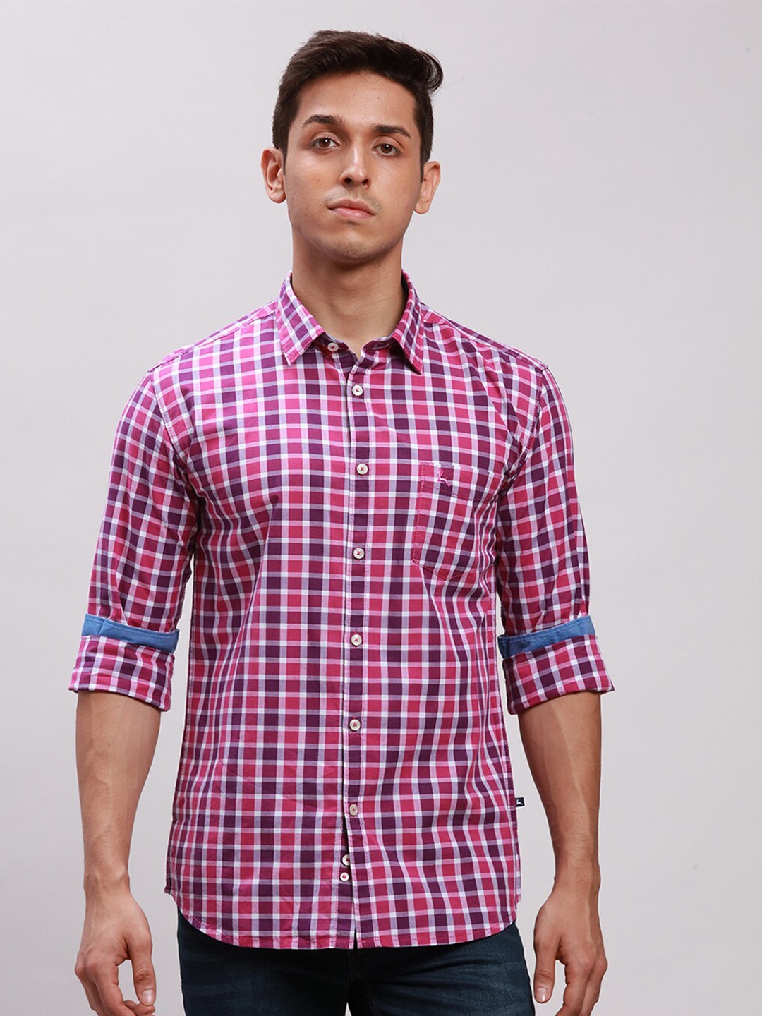 

Parx Checked Spread Collar Long Sleeve Slim Fit Cotton Casual Shirt, Violet