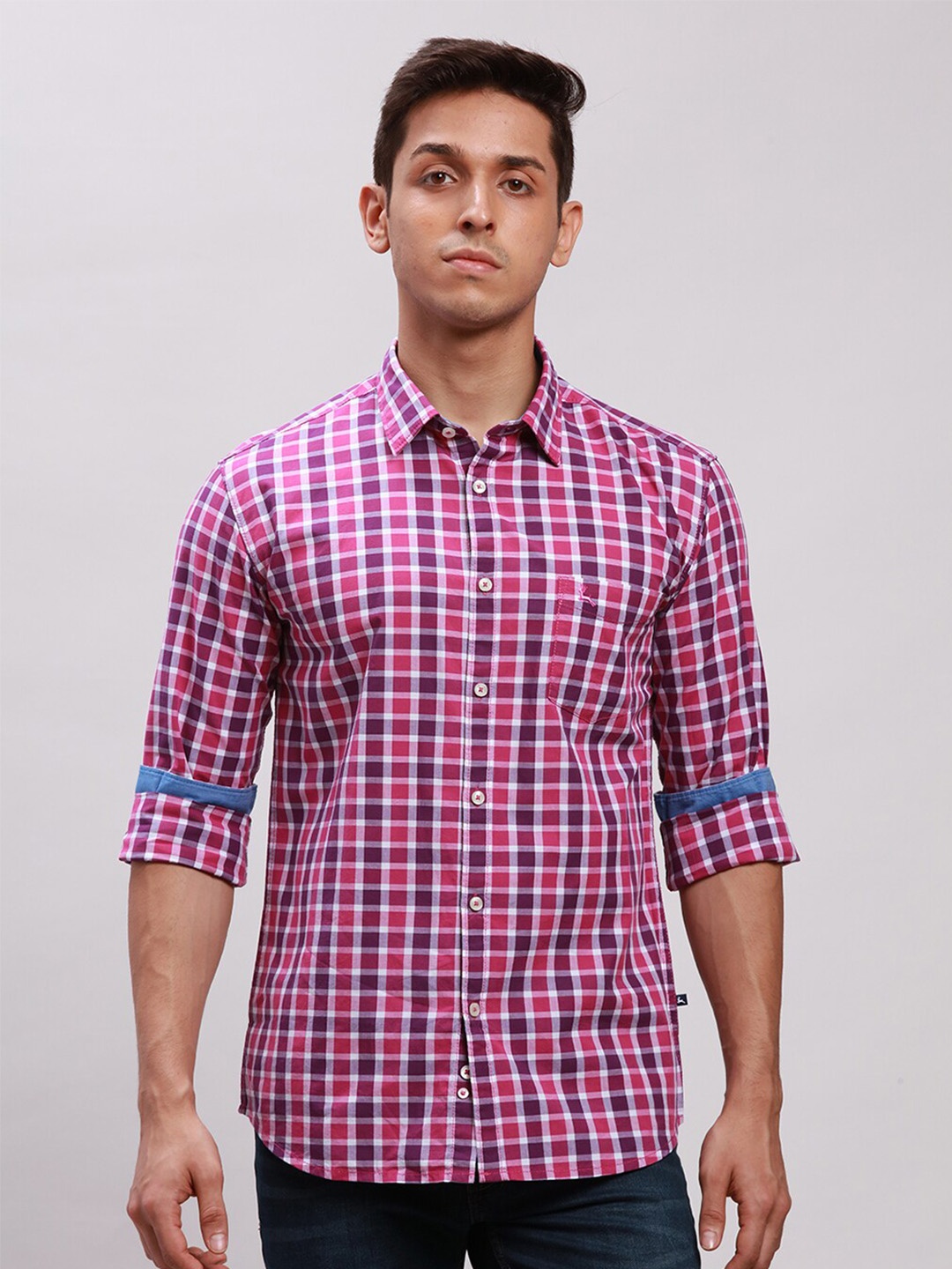 

Parx Slim Fit Checked Pure Cotton Casual Shirt, Violet