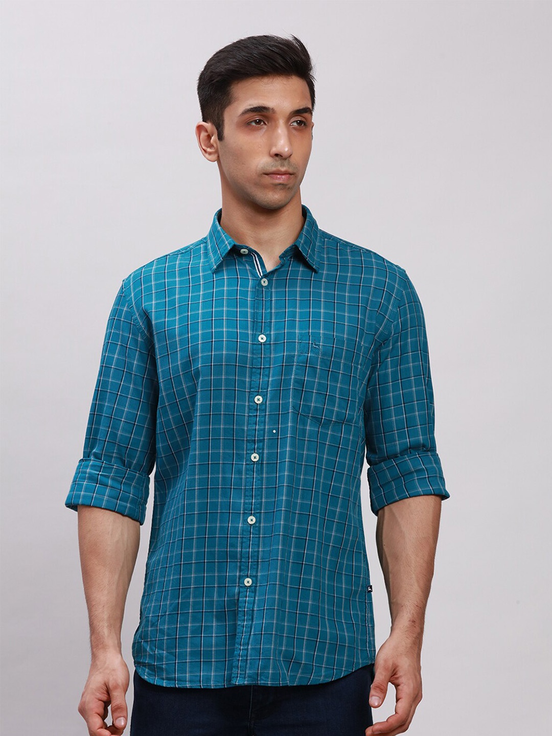 

Parx Slim Fit Checked Pure Cotton Casual Shirt, Green