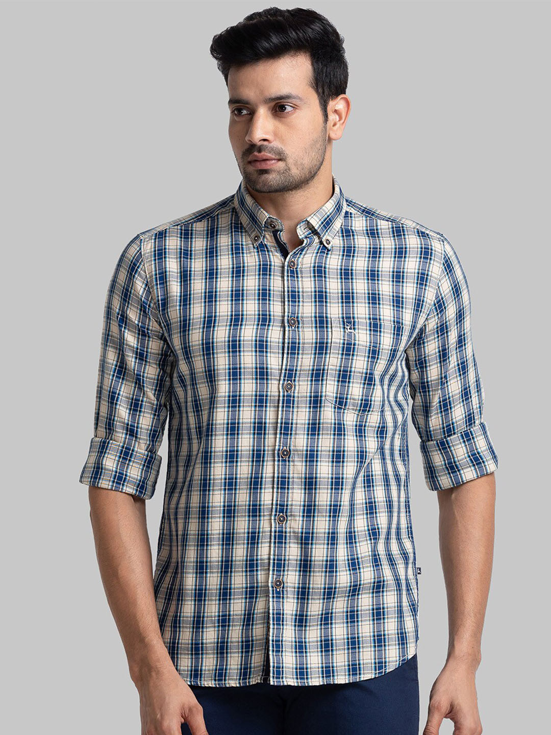 

Parx Slim Fit Checked Button-Down Collar Pure Cotton Casual Shirt, Beige