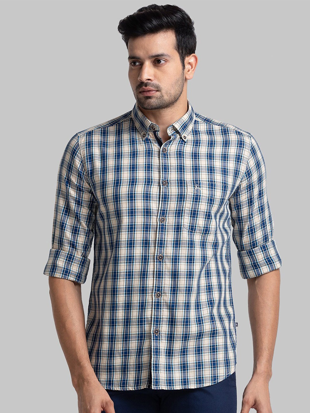 

Parx Slim Fit Tartan Checked Button-Down Collar Pure Cotton Casual Shirt, Beige