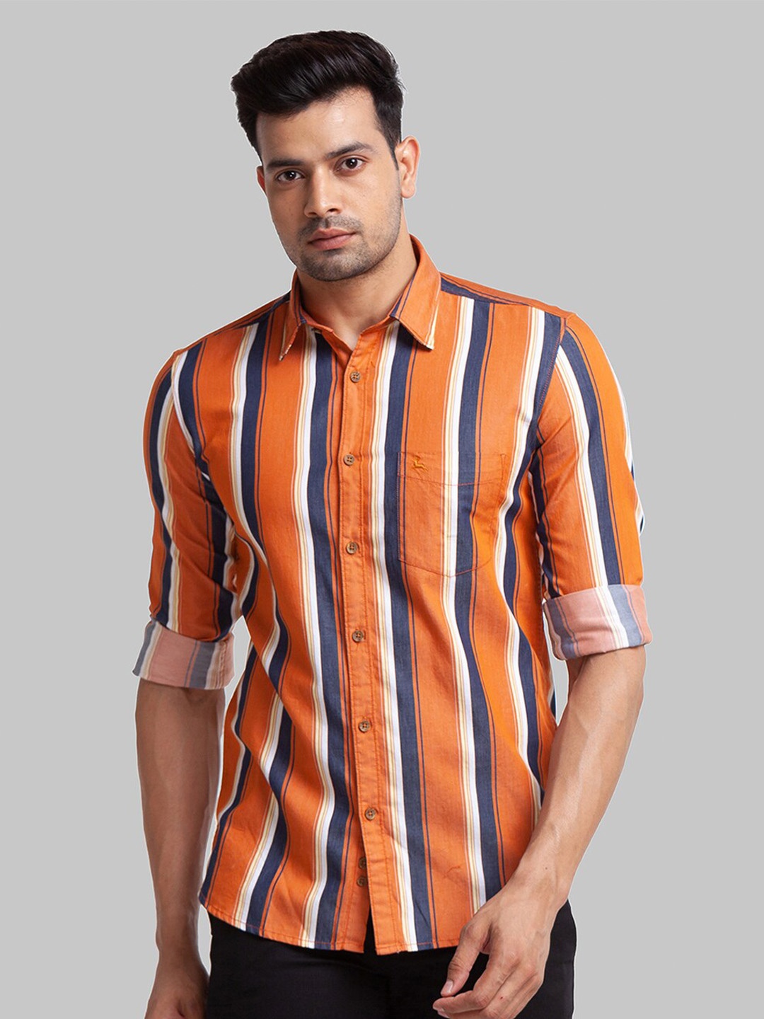 

Parx Slim Fit Vertical Striped Long Sleeves Pure Cotton Casual Shirt, Brown