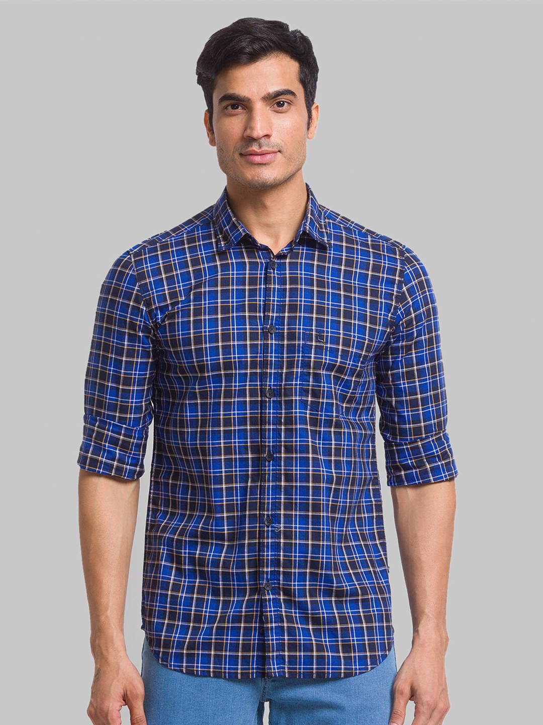 

Parx Slim Fit Tartan Checked Pure Cotton Casual Shirt, Blue