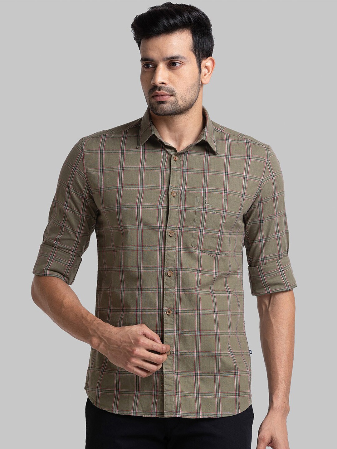 

Parx Slim Fit Windowpane Checked Cotton Formal Shirt, Green