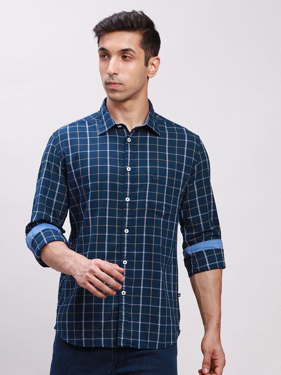 

Parx Slim Fit Windowpane Checked Pure Cotton Casual Shirt, Blue