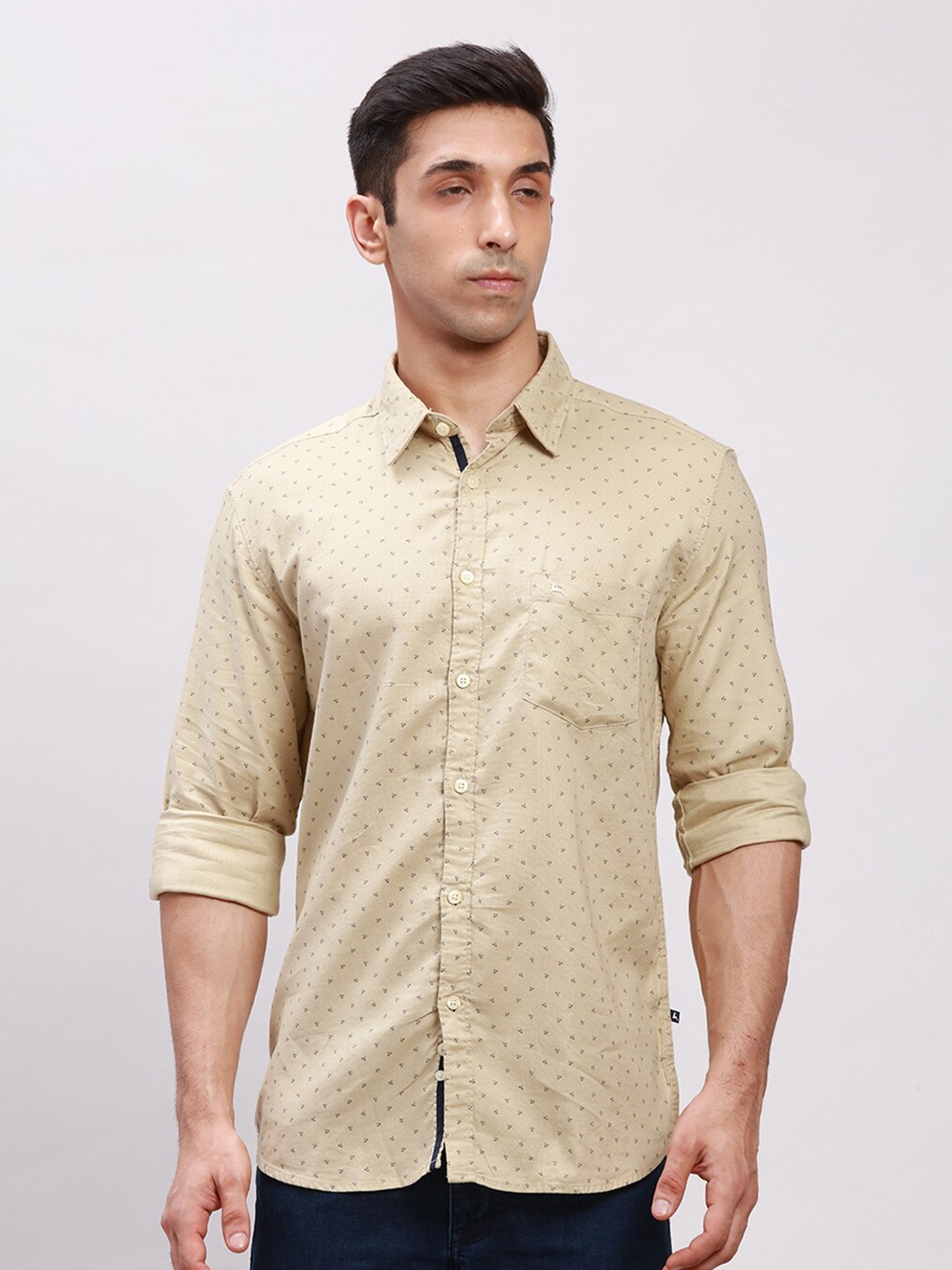 

Parx Slim Fit Micro Ditsy Printed Pure Cotton Shirt, Beige