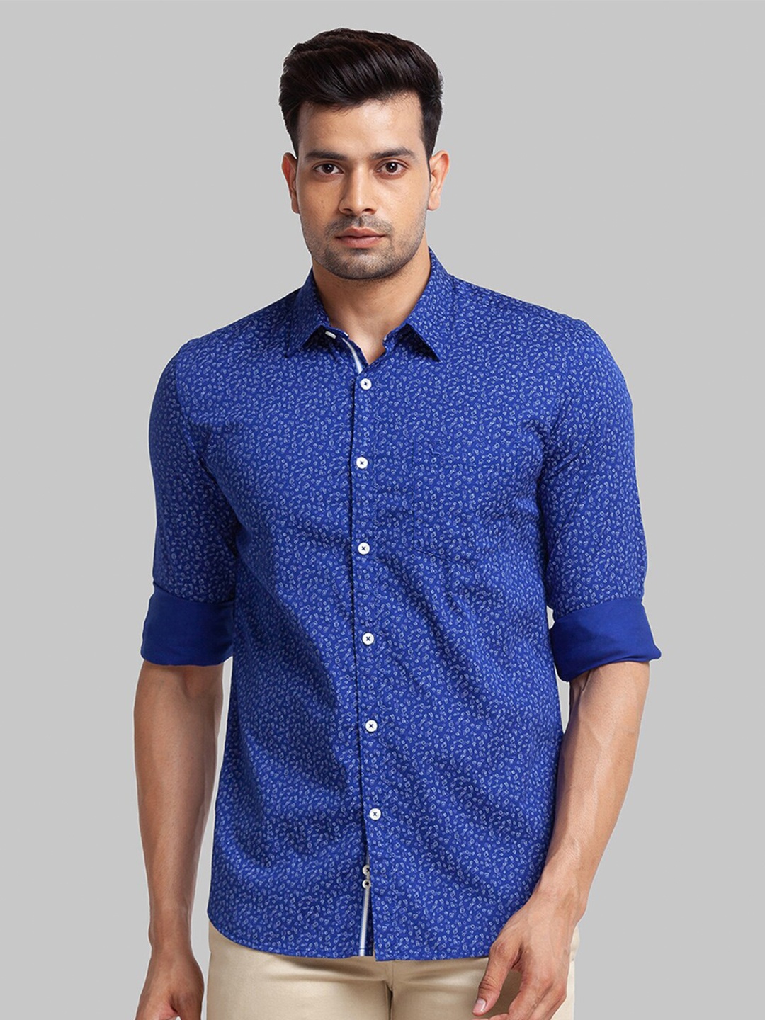 

Parx Slim Fit Micro Ditsy Printed Pure Cotton Shirt, Blue