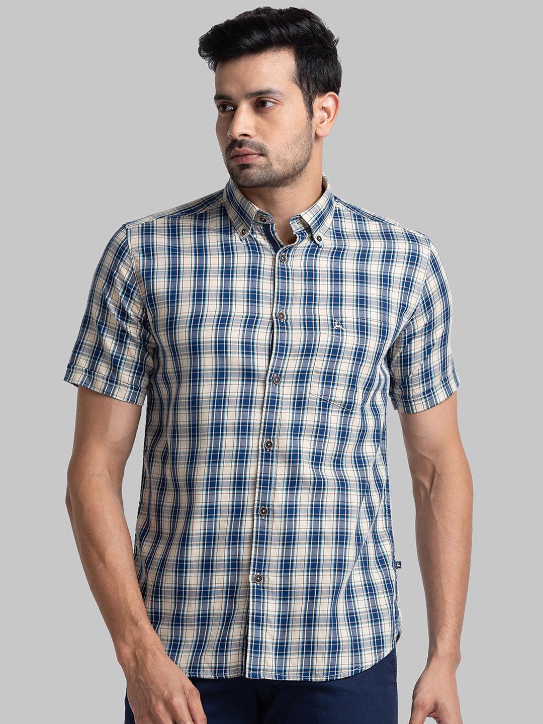 

Parx Slim Fit Checked Pure Cotton Casual Shirt, Beige