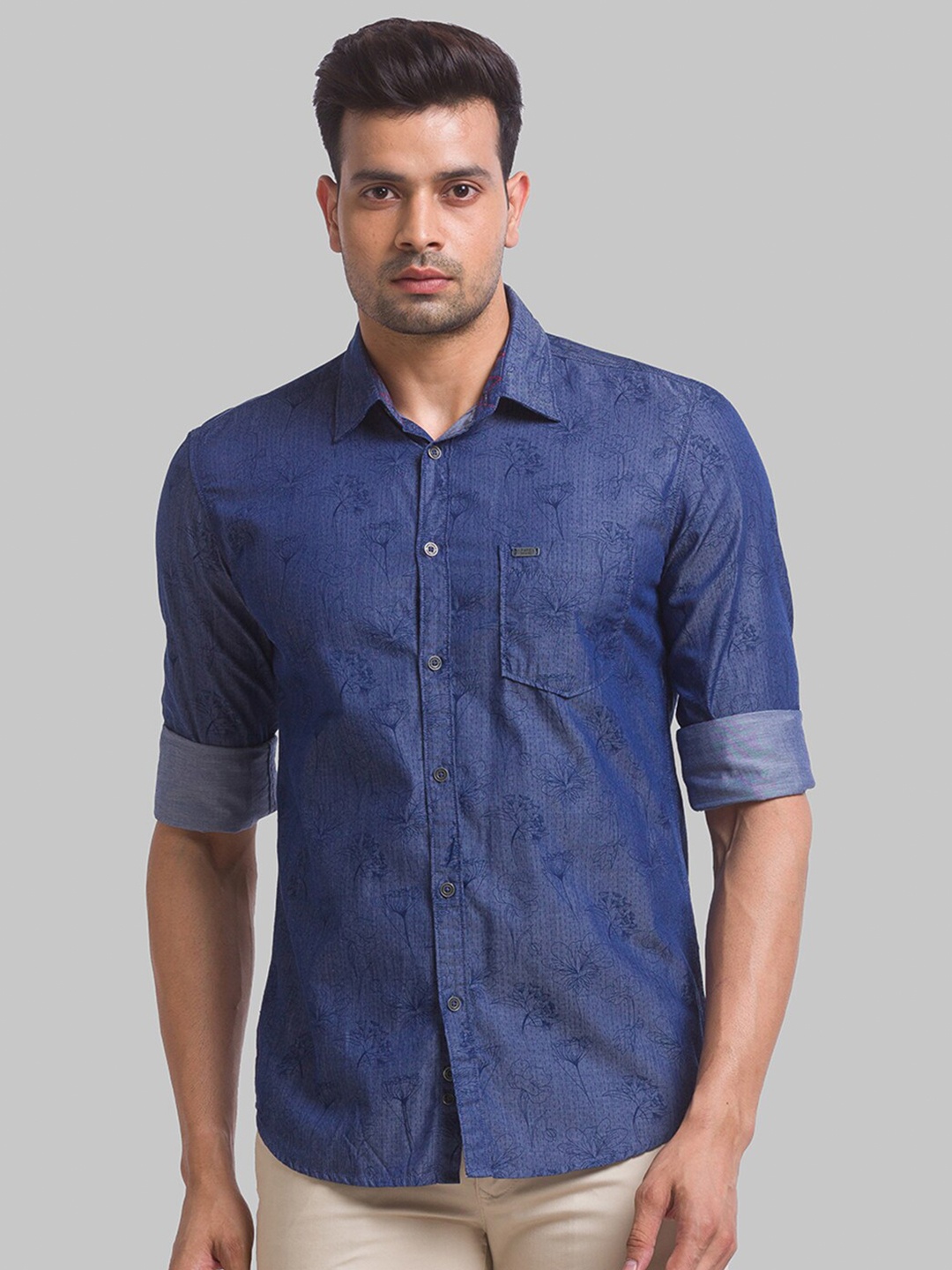 

Parx Floral Printed Slim Fit Cotton Shirt, Blue