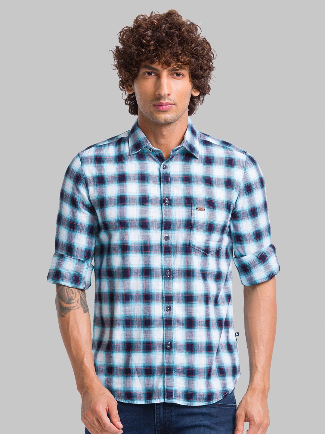 

Parx Checked Slim Fit Cotton Shirt, Blue