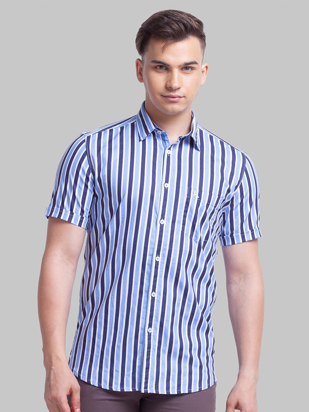 

Parx Slim Fit Striped Pure Cotton Casual Shirt, Blue