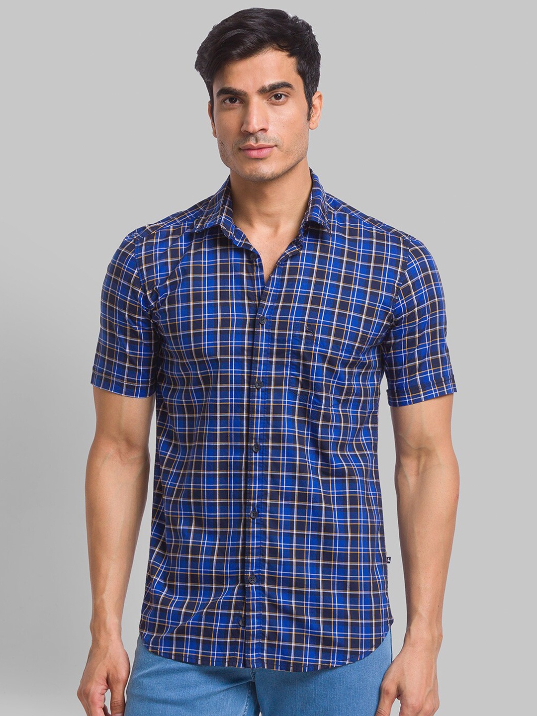 

Parx Slim Fit Tartan Checked Pure Cotton Casual Shirt, Blue