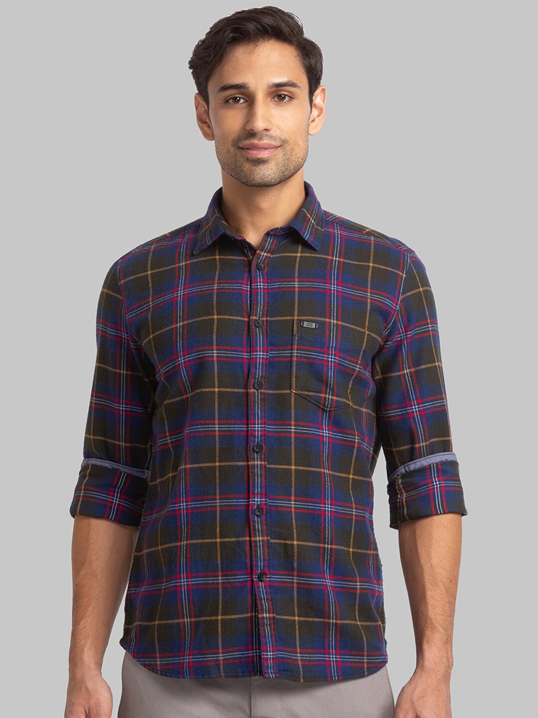 

Parx Slim Fit Tartan Checked Pure Cotton Casual Shirt, Olive