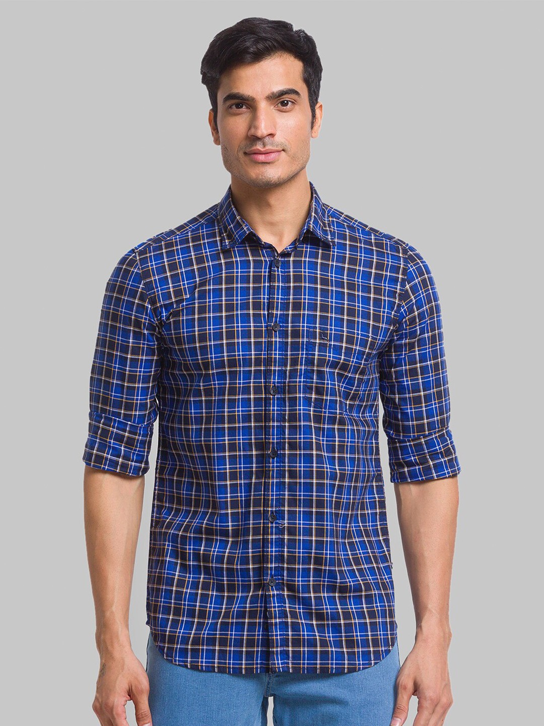 

Parx Slim Fit Tartan Checked Pure Cotton Casual Shirt, Blue