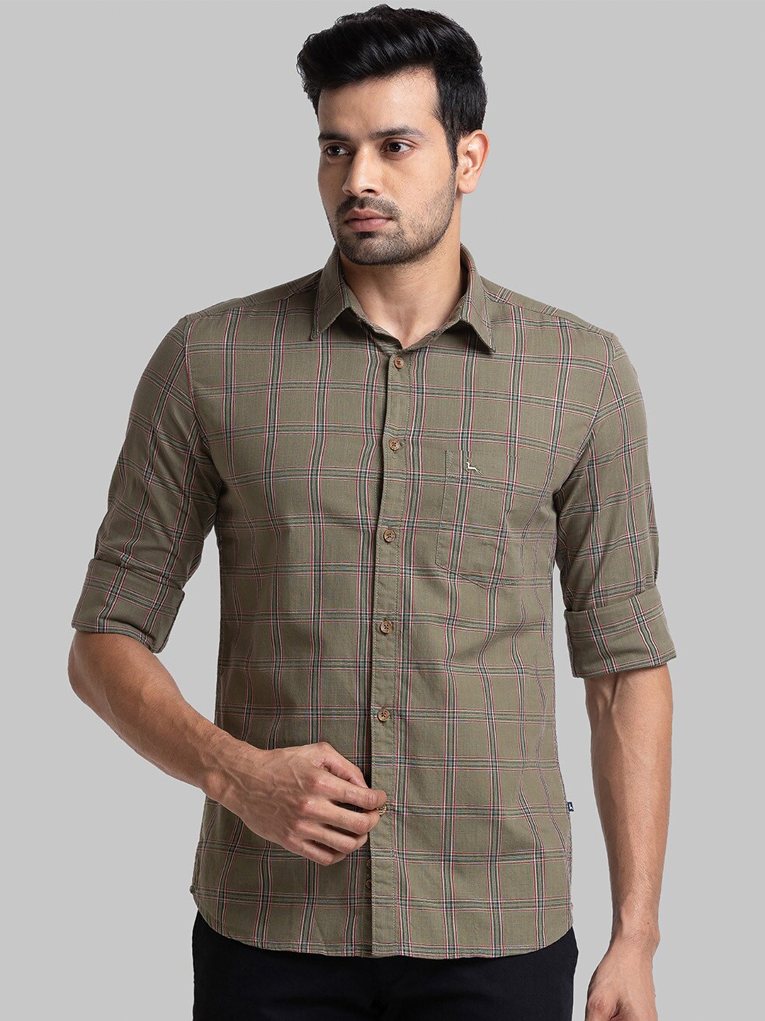 

Parx Slim Fit Checked Spread Collar Pure Cotton Casual Shirt, Green
