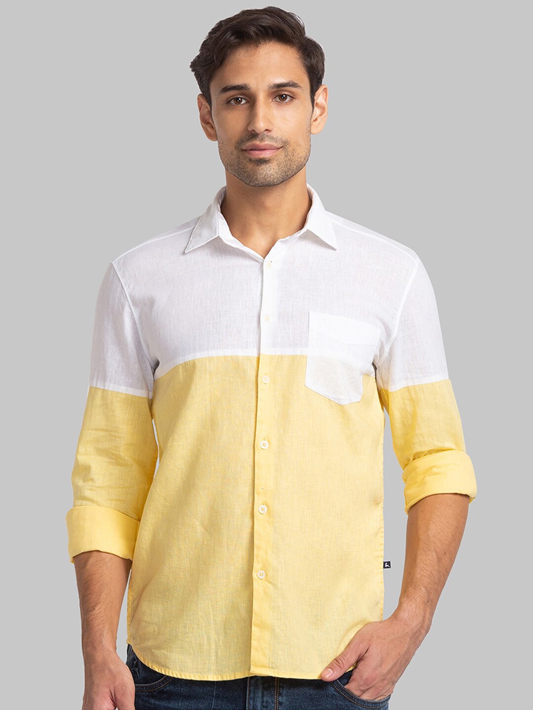 

Parx Slim Fit Colourblocked Spread Collar Shirt, Yellow