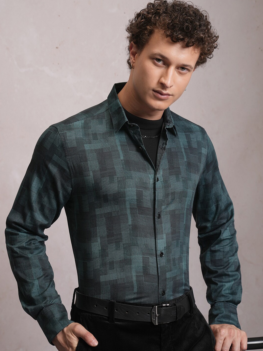 

LOCOMOTIVE Luxe Slim Fit Geometric Printed Satin Party Shirt, Teal