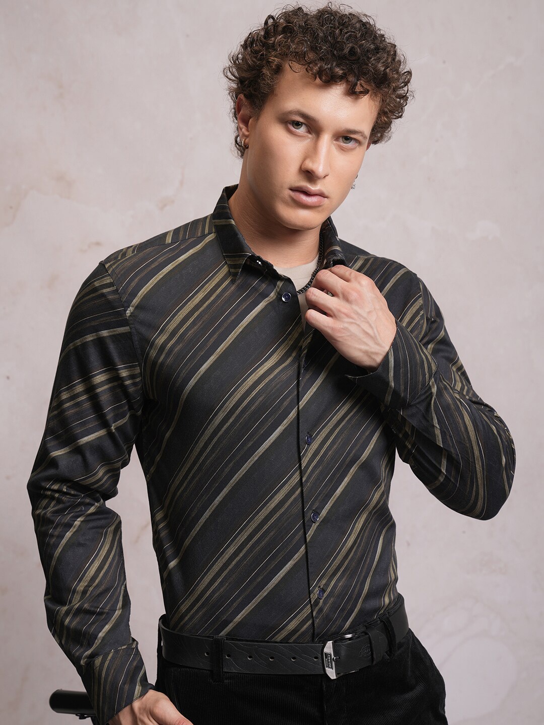 

LOCOMOTIVE Luxe Striped Satin Party Shirt, Black