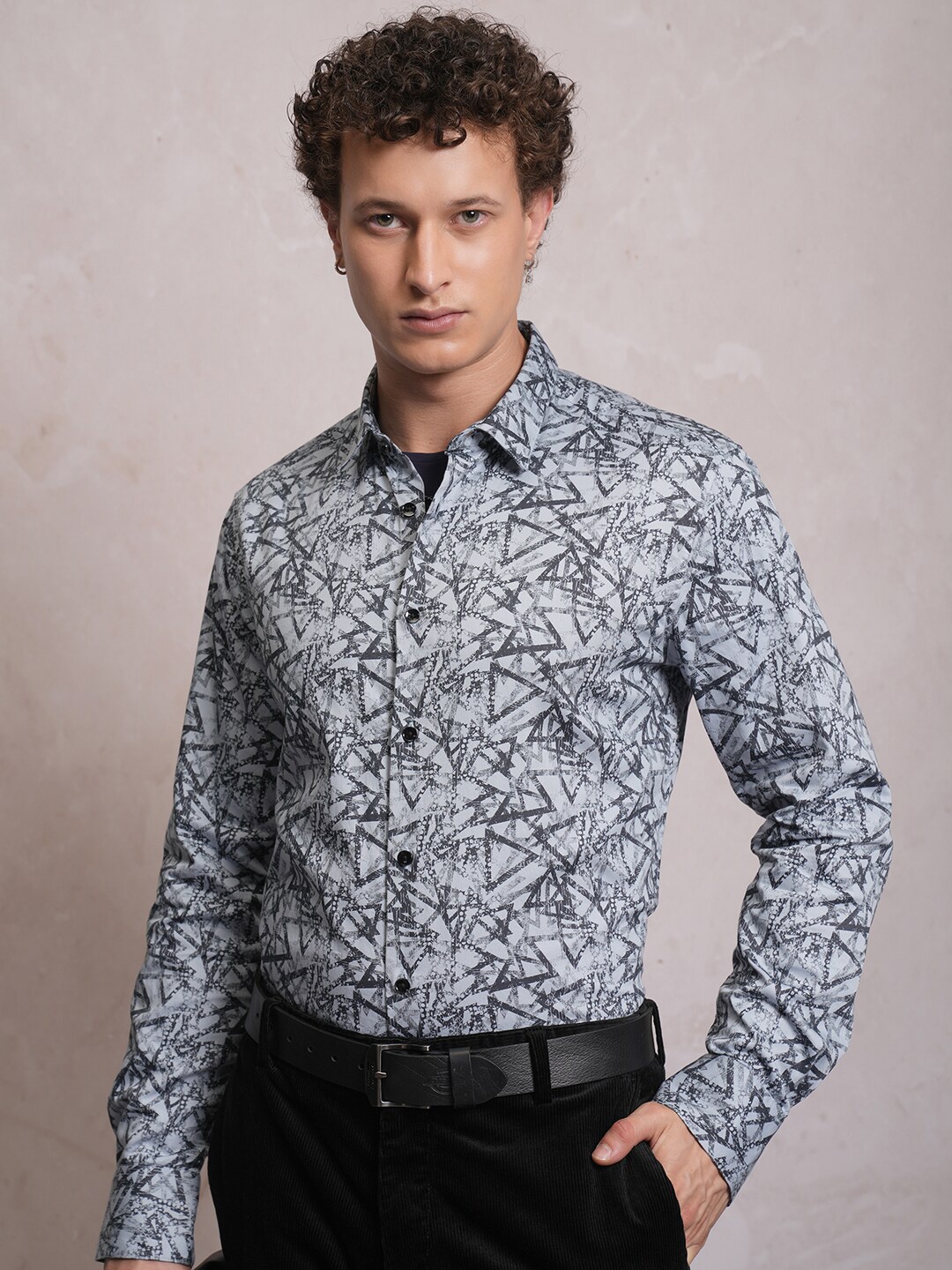 

LOCOMOTIVE Luxe Slim Fit Geometric Printed Satin Party Shirt, Blue