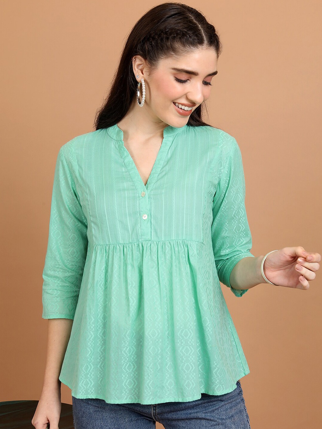 

Vishudh Green Self Design Mandarin Collar Cotton Empire Top