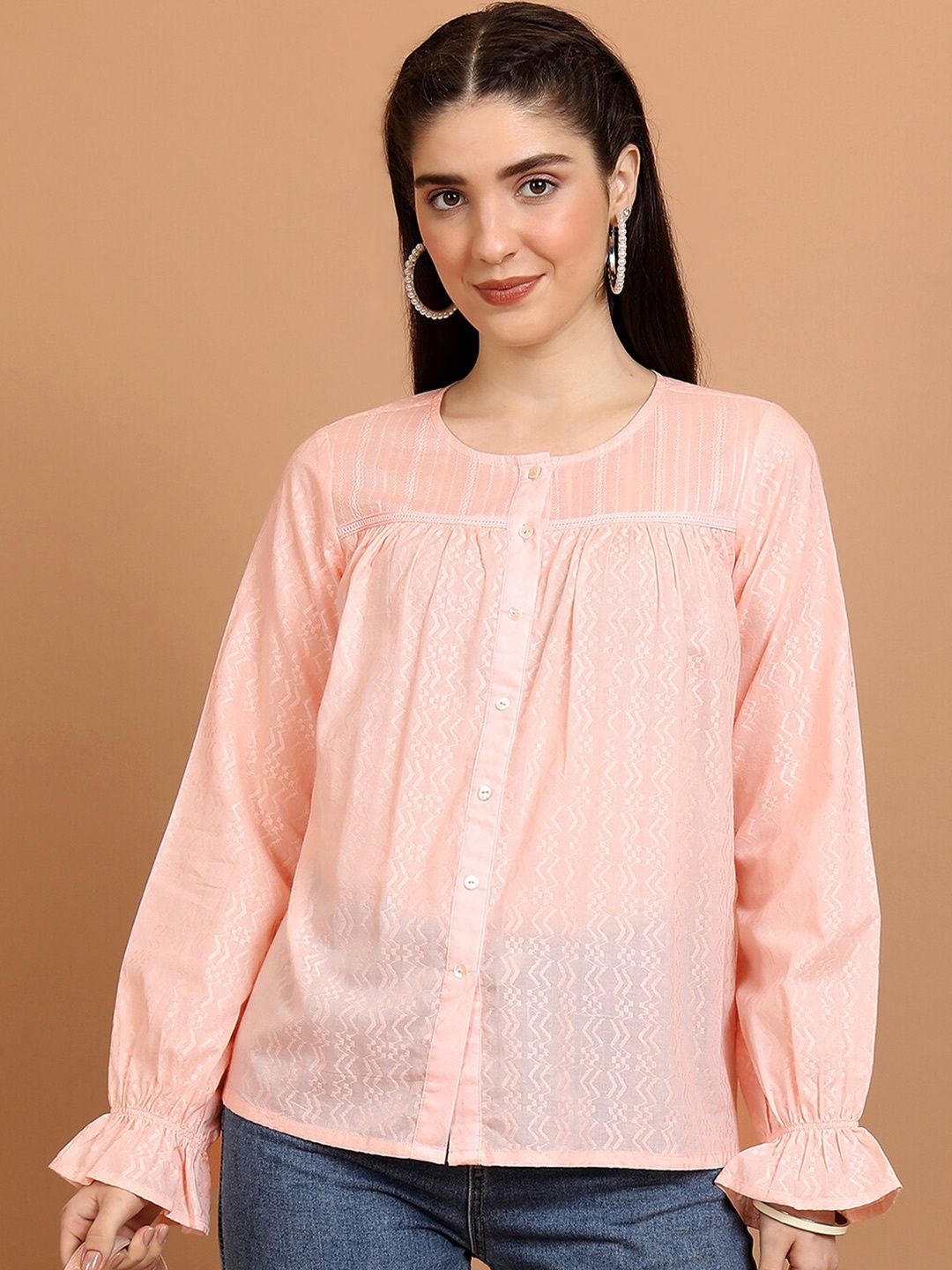 

Vishudh Geometric Self Design Gathered Or Pleated Cotton Shirt Style Top, Pink
