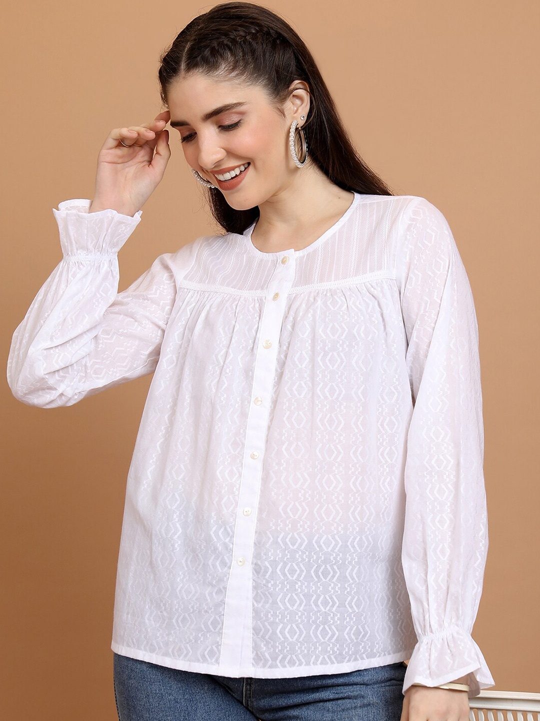 

Vishudh Geometric Self Design Gathered Or Pleated Cotton Shirt Style Top, White