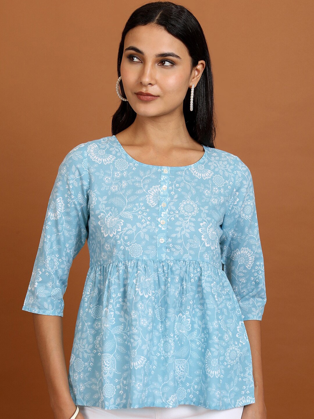 

Vishudh Floral Printed Gathered Or Pleated Peplum Top, Blue