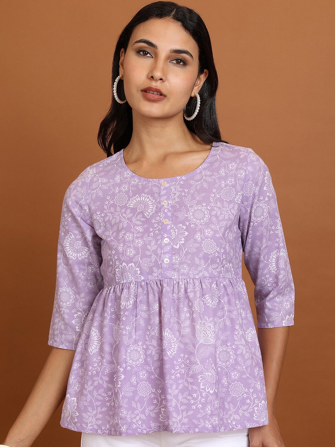 

Vishudh Floral Printed Gathered Or Pleated A Line Top, Lavender