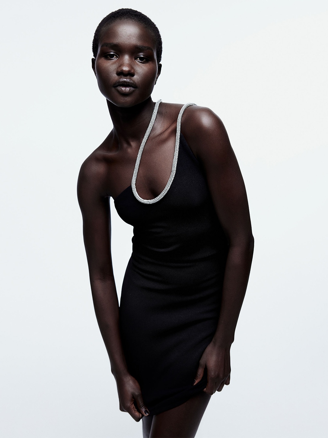 

H&M Rhinestone-Strap One-Shoulder Dress, Black