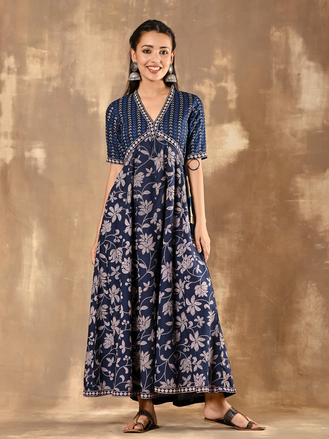

KALINI Floral Printed Pleated Fit & Flare Midi Ethnic Dress, Navy blue