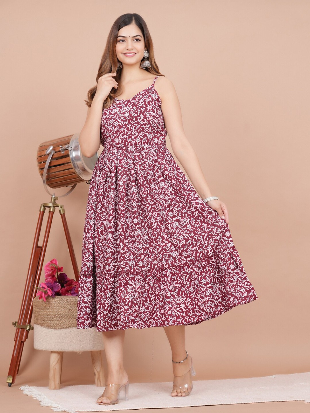 

KALINI Floral Printed Flounce Fit & Flare Midi Ethnic Dress, Maroon