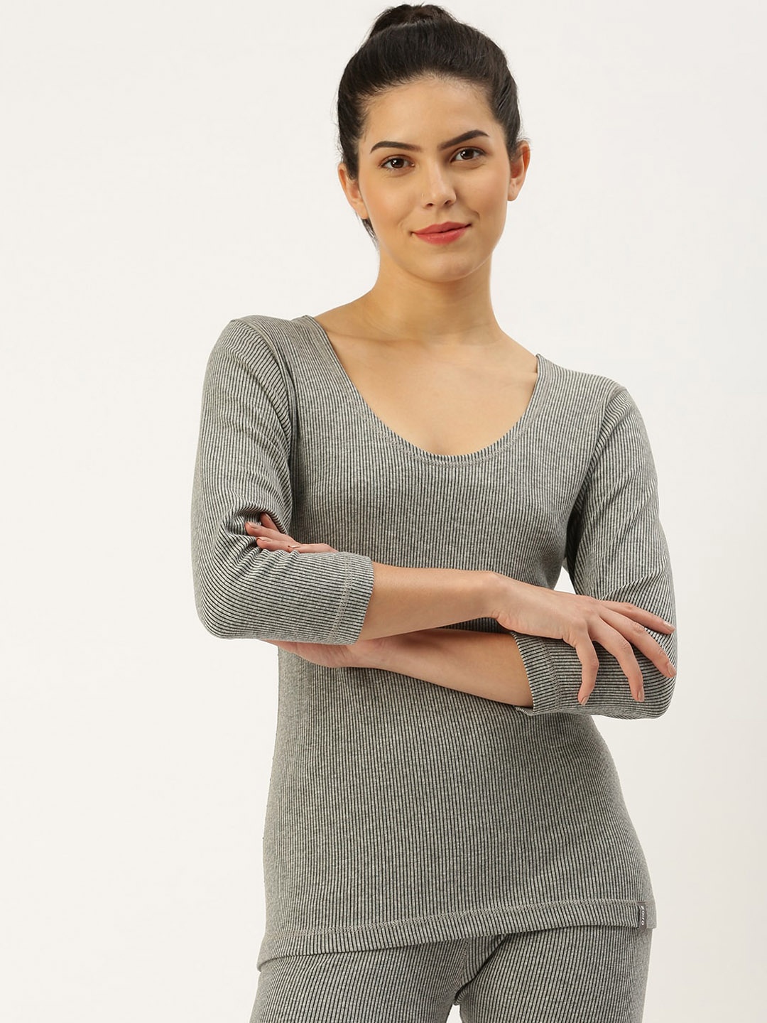

Zoiro Striped Triple Insulated Pure Cotton Thermal Top, Grey melange