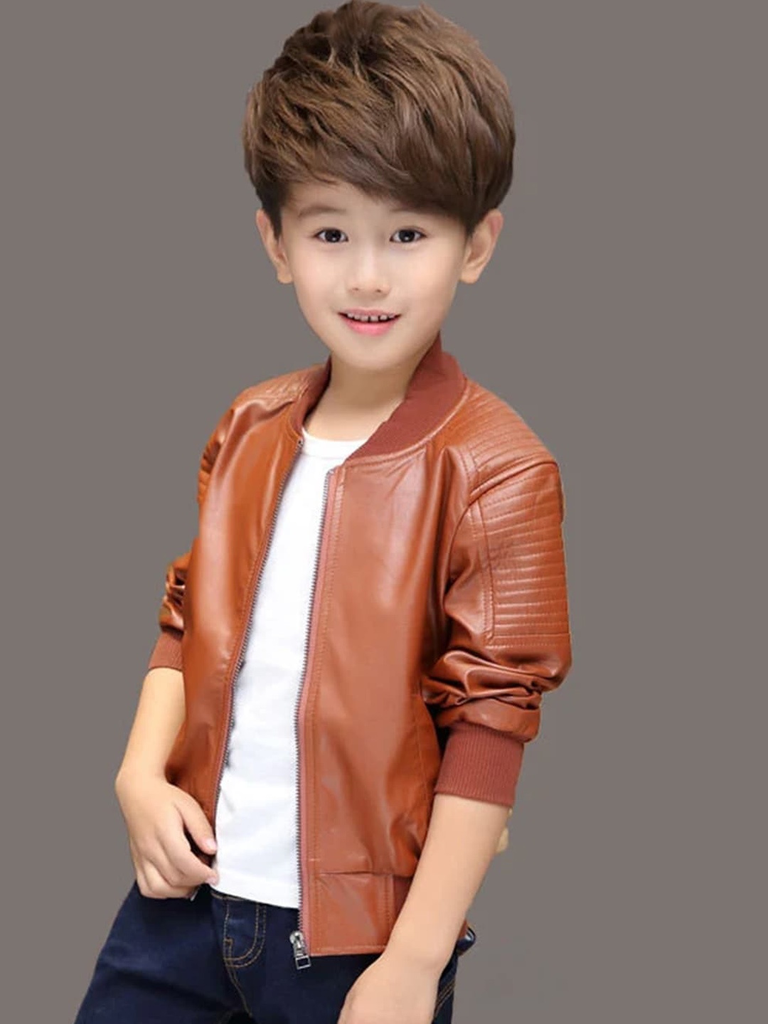 

Bold N Elegant Unisex Kids Mock Collar Leather Jacket, Brown