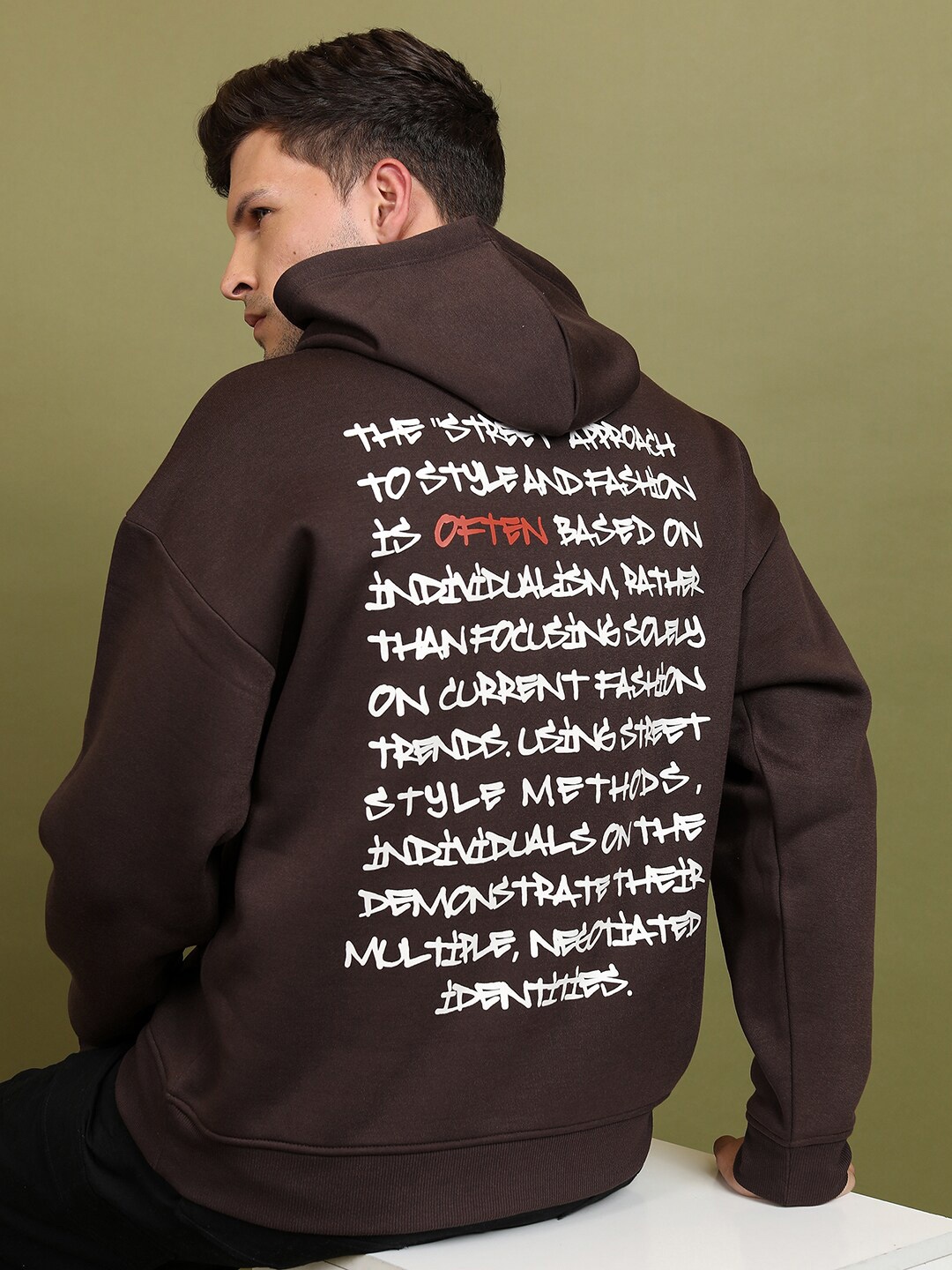 

HIGHLANDER Typography Printed Hooded Pullover Sweatshirt, Coffee brown