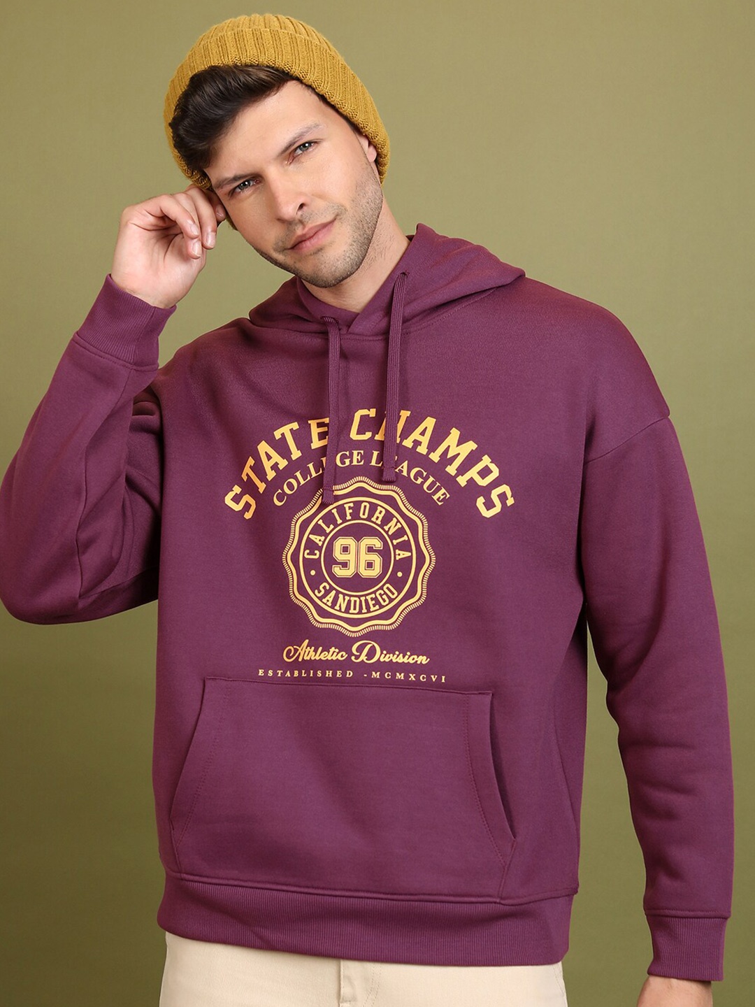 

HIGHLANDER Graphic Printed Hooded Neck Drop Shoulder Over Sized Pullover Sweatshirt, Purple