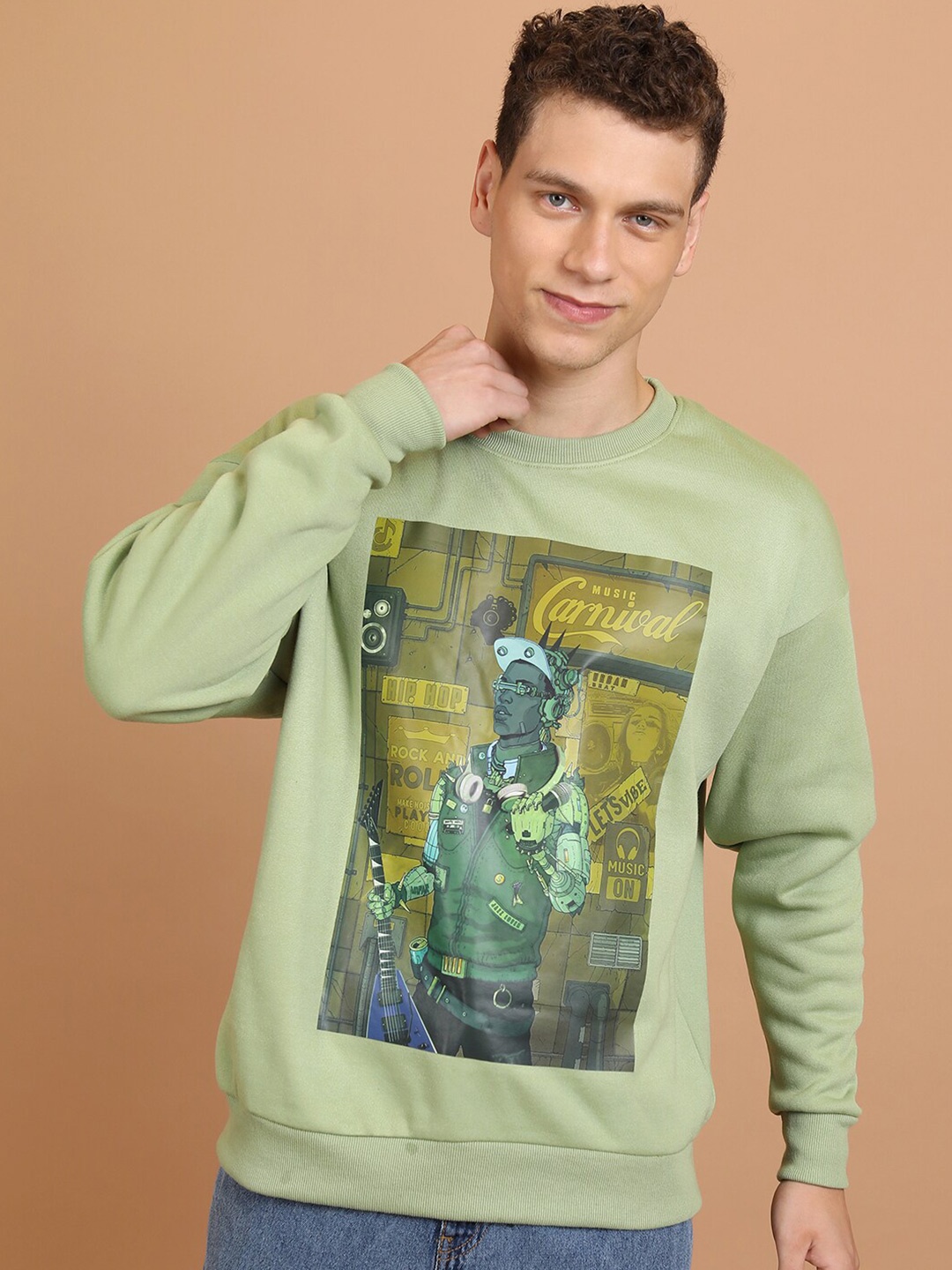 

HIGHLANDER Green Graphic Printed Long Sleeves Oversized Pullover Sweatshirt