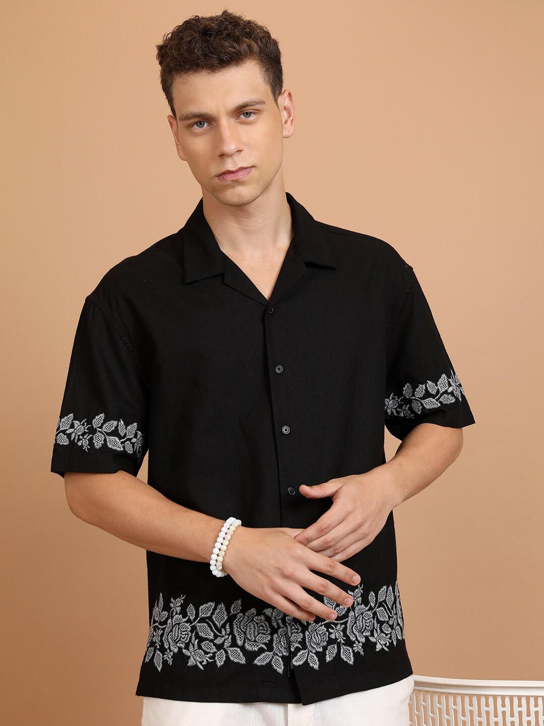 

HIGHLANDER Embroidered Cuban collar Cotton Linen Oversized Shirt, Black