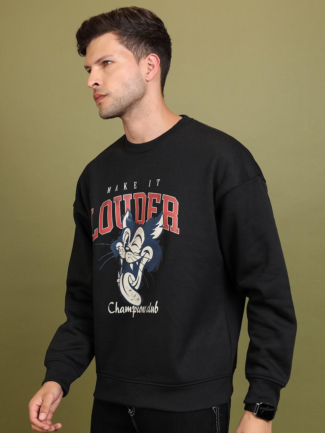 

HIGHLANDER Black Typography Printed Drop Shoulder Sleeves Pullover Sweatshirt