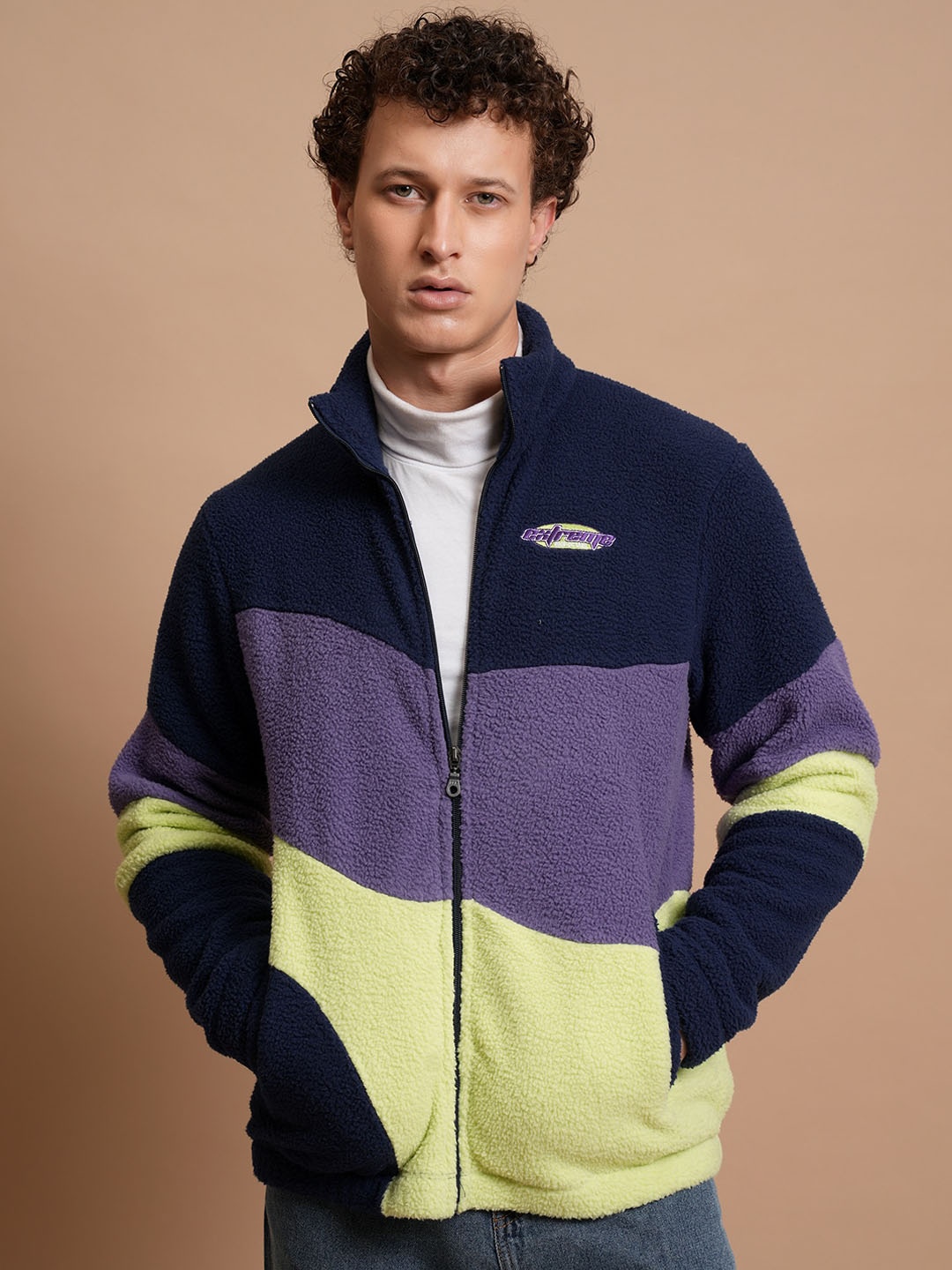 

HIGHLANDER Colourblocked Mock Collar Open Front Jacket, Navy blue