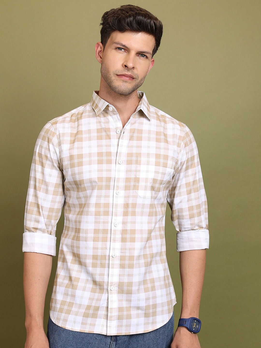 

HIGHLANDER Beige & White Slim Fit Tartan Checks Cotton Casual Shirt