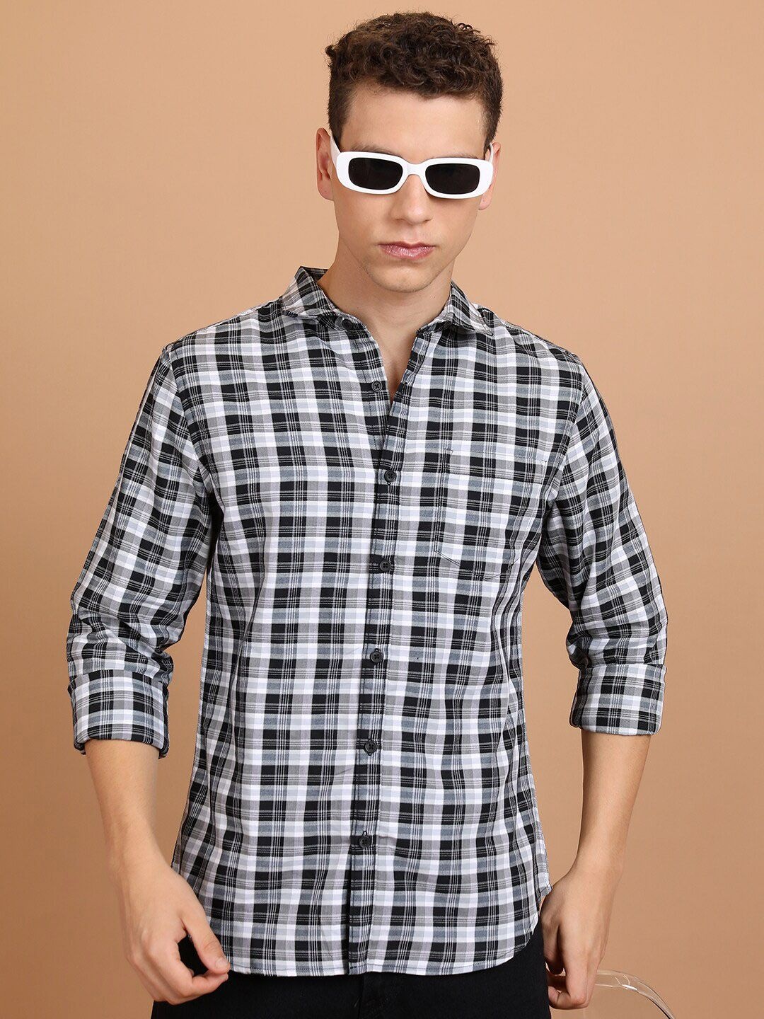 

HIGHLANDER Slim Fit Tartan Checks Casual Shirt, White