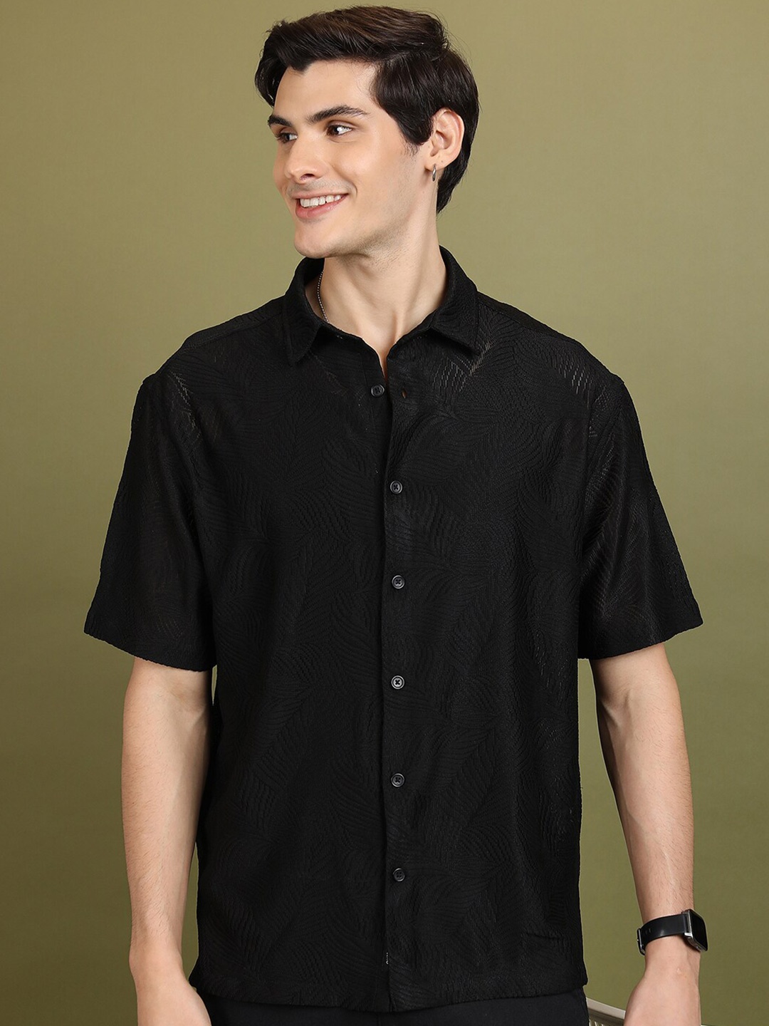 

HIGHLANDER Black Self Designed Cuban Collar Casual Crochet Shirt