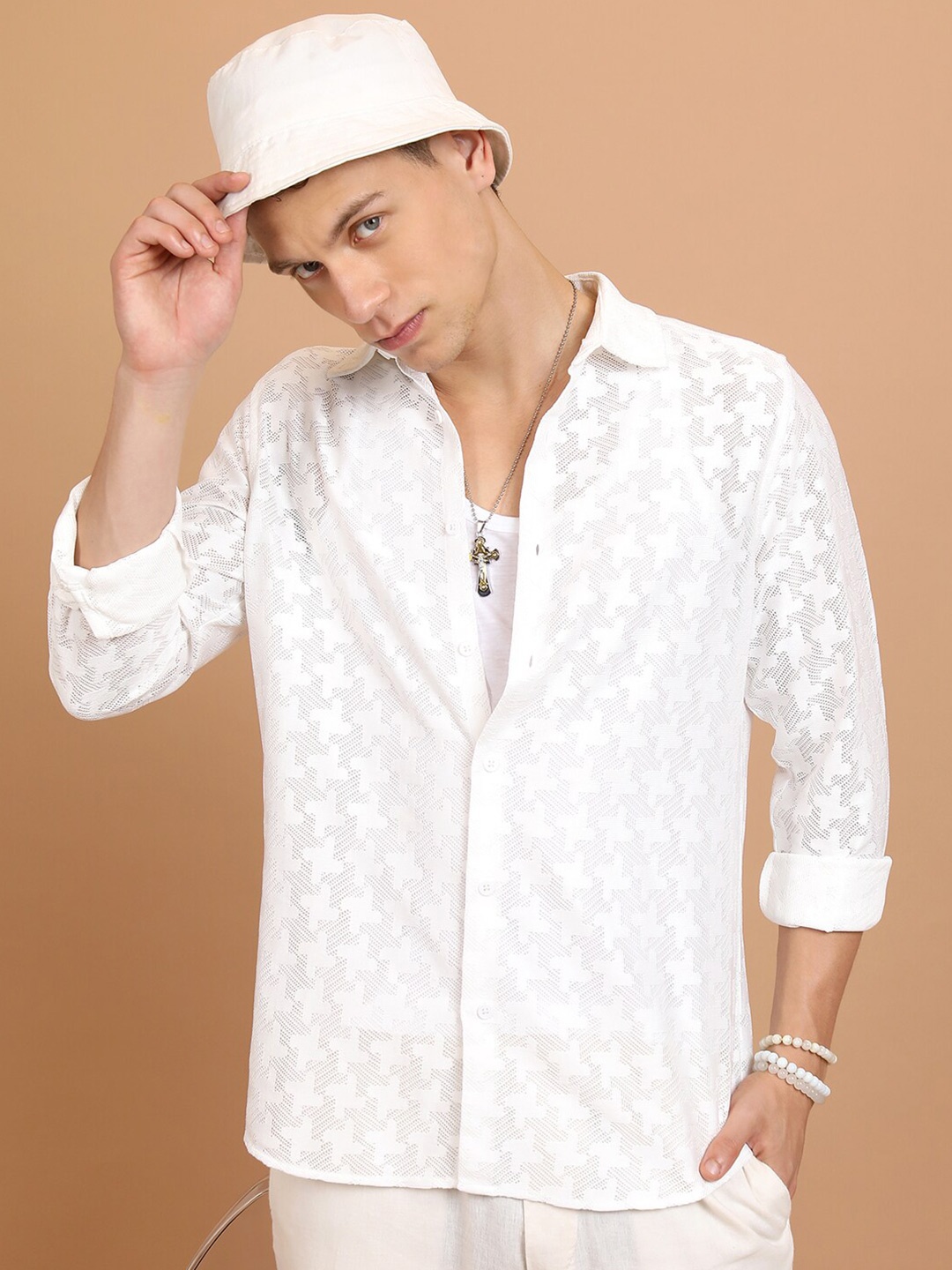 

HIGHLANDER White Self Designed Cuban Collar Oversized Casual Crochet Shirt
