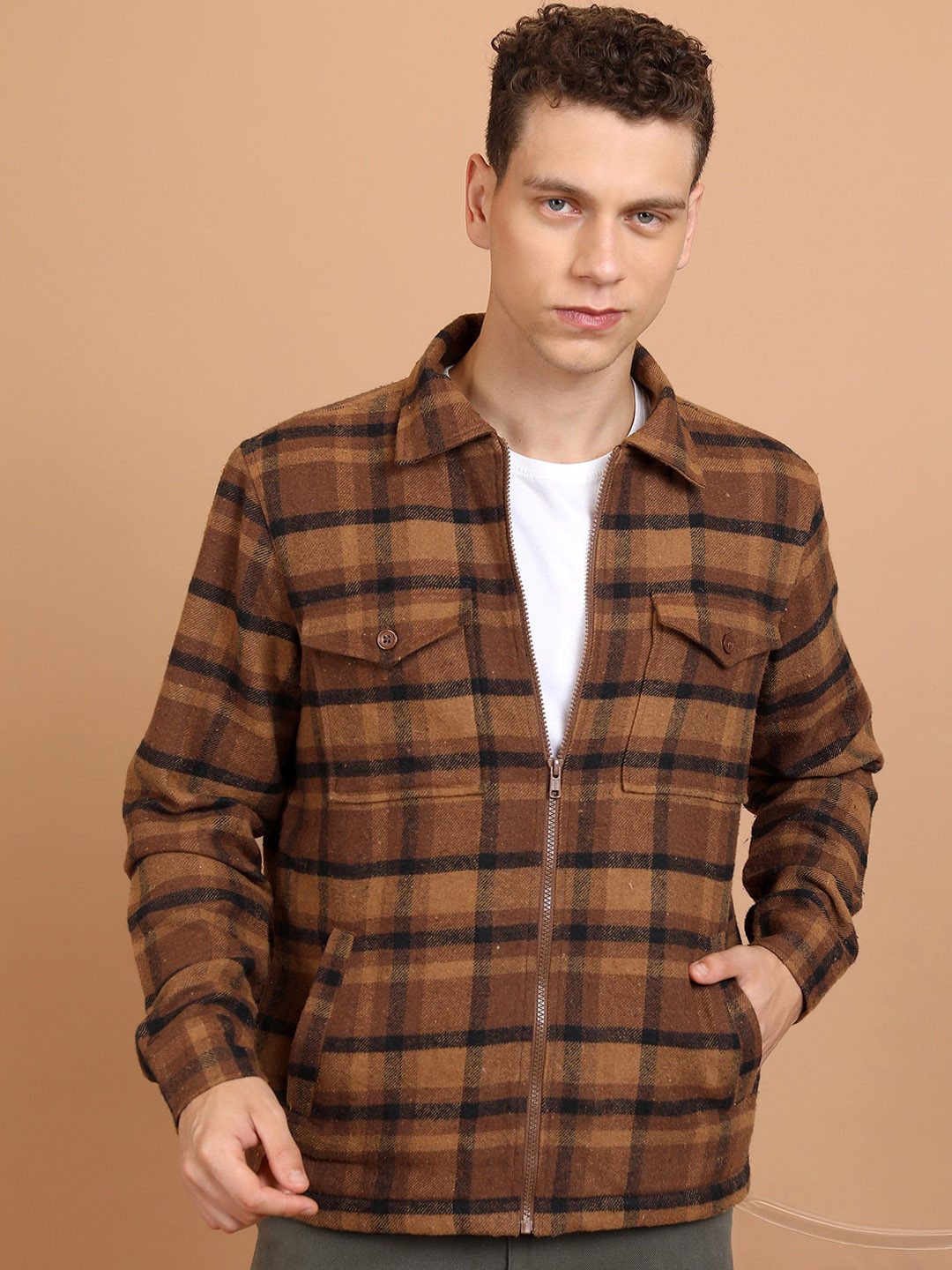 

HIGHLANDER Flannel Checked Spread Collar Long Sleeves Shacket, Brown